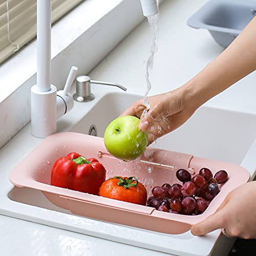 Image of Sink Colanders and Strainers Basket Retractable Plastic Fruit Vegetable Strainer Drainer Basket for Kitchen (Length 14.3 inch-19.4 inch) (Pink)
