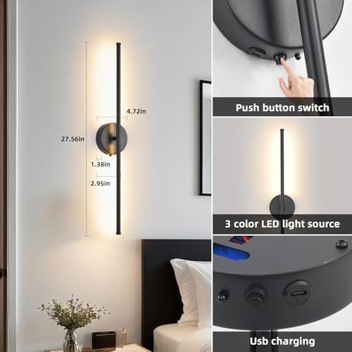 Image of Wall Sconces Battery Operated Set of 2, Black LED Wireless Wall Sconce with Remote Control 350 Rotating, 27.6 Inch Dimmable USB Rechargeable wall Lights for Living Room Bedroom Hallway