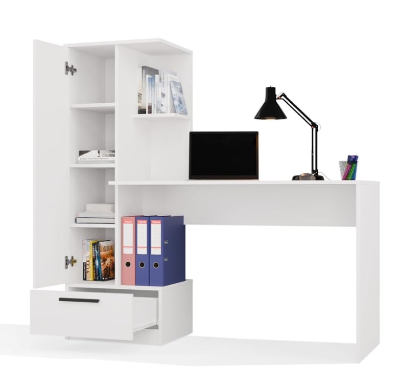 BDW Cosmo Scrivania con mensole, larghezza 143 cm, altezza 140 cm, profondità 50 cm, scaffale integrato con porta, cassetto, asilo nido, ufficio, adolescenti, bianco