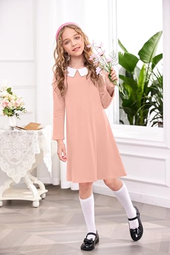 Image of Arshiner Girls Long Sleeve Vintage Peter Pan Collar T-Shirt Dress Age 4-13 Years