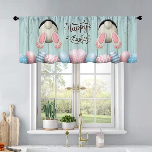BrilliStar Happy Easter Jumping Bunny Kitchen Curtains Easter Egg Holiday for Windows Valances Rod Pocket Curtain Valance for Bathroom Living Room Cafe 54x18 inch Window Treatment for Home Decor