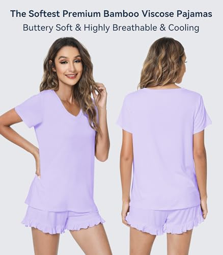 Image of WiWi Womens Pajamas Set Bamboo Viscose Super Soft Short Sleeve Top Ruffle Shorts Sleepwear Cooling Pj Sets S-XXL