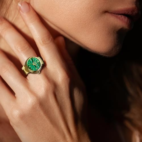 Image of BRUNO MILANO Women Analogue Gold Band Elegant Ring Watch in Gold Strap with Malachite Dial