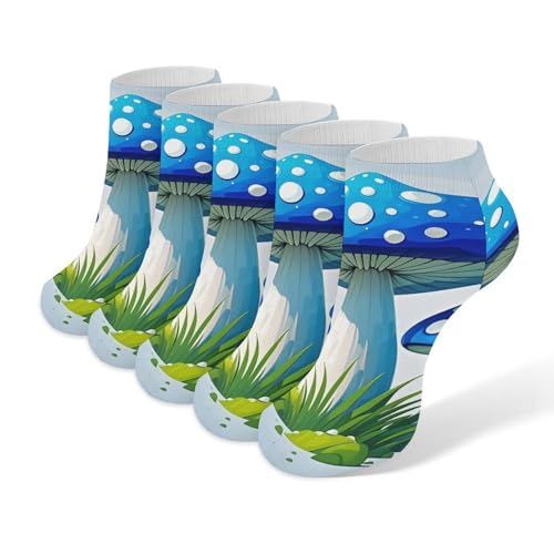 5 Pairs of Cotton Ankle Socks for Women Men Cartoon Blue Mushroom Low Cut Socks for Running Hiking No Show Athletic Sock