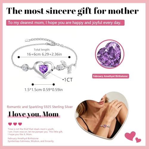 Image of 1CT Rose Heart Bracelet Moissanite Lab-Grown Sapphire Ruby Emerald&More 18K White Rose Gold Plated Anniversary Birthday Gift for Wife Girlfriend Mom Daughter Mothers Day Gift for Mom
