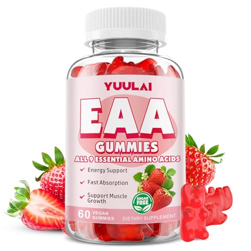 YUULAI EAA Gummies Essential Amino Acids - All 9 Essential Aminos (EAA) and All Branched-Chain Aminos (BCAAs) for Muscle Recovery Energy Support Strawberry Flavor 60 Count