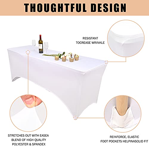 6 Pcs 6 Ft Stretch Spandex Tablecloth Rectangular Stretchable Patio Table Cover For Standard Folding Tables Fitted Cocktail Tablecloth Protector For Wedding, Banquet, Exhibitions, Party (White) #TOP2
