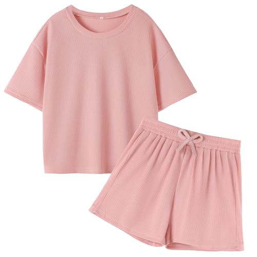 Image of DREAM BUS Girls T-Shirts and Shorts Set 2 Pieces Teen Girls Summer Matching Outfit Solid Trendy Clothes for Little Girl