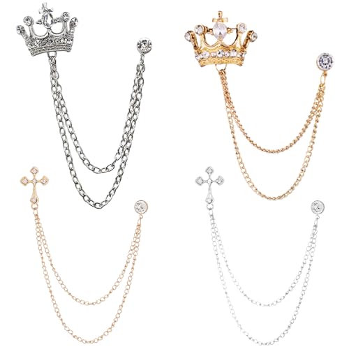 Image of Enyyfit Chain Brooch Set for Men, 4PCS Crown & Cross Pins, Alloy Suit Accessories for Men, Vintage Lapel Pins with Gold & Silver Chains for Jackets Shirts Formal Wear