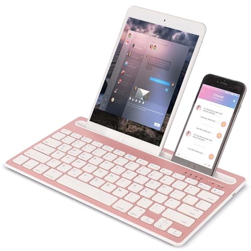 Clavier Bluetooth rose doré avec support pour travailler sur iPad et smartphone au café