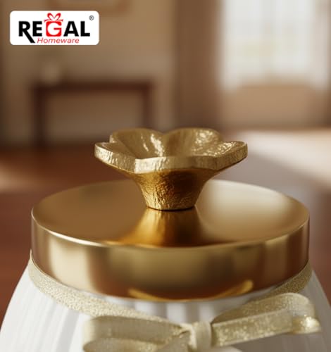 Image of Premium Metal Decorative Jar with Golden Brass Knob | Elegant Tabletop Storage Jar for Kitchen & Home Decor | 4 Inch Wide | Luxury Modern Design (White & Gold)