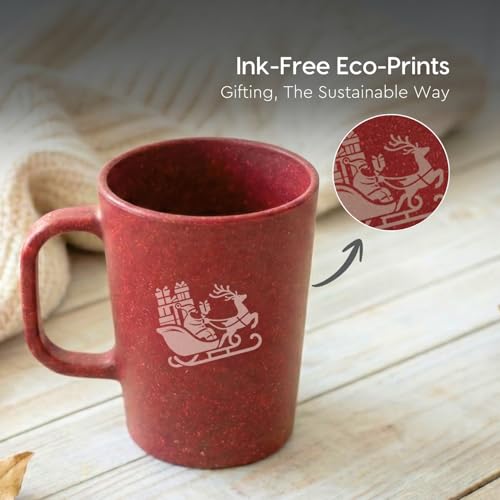 Image of Eha Earth-Friendly Christmas Gifts for Friends and Family | Secret Santa Gifts | Made with Rice Husk | Printed Christmas Mug and Coasters Set of 2, Keychain & a Loopac Box | 350 ml | Coral