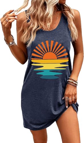 Image of Summer Tank Dress for Women Casual Vacation Sundress Coconut Tree Graphic Beach Cover Up