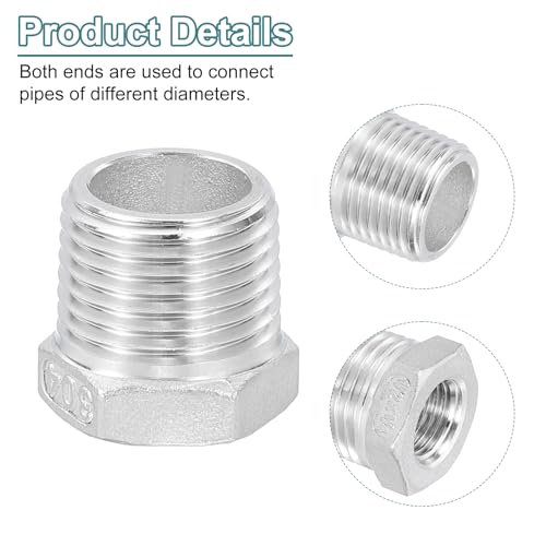 Image of uxcell 5Pcs 1 /2 inch Male to 1 /4 inch Female NPT 304 Stainless Steel Reducer Hex Bushing, Reducing Cast Pipe Adapter Fitting for industrial, oil /gas, water, HVAC, and plumbing systems