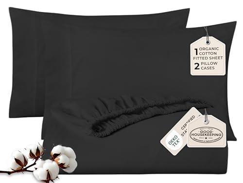 Image of ROYALE LINENS Fitted Sheet with Pillowcases - Queen Fitted Sheets with 2 Pillowcases - 300 Thread Count 100% Organic Cotton - Fits Mattress Up to 18 inch Deep - Soft & Breathable - Black (No Flat Sheet)