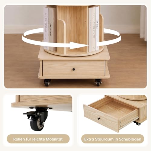 Nordivale Drehbares Bücherregal 360° Frei, Bücherregal Drehbar Farbe Naturholz, Bücherregal Kinder mit rollbar & extra Unterschublade… – Ansicht 3