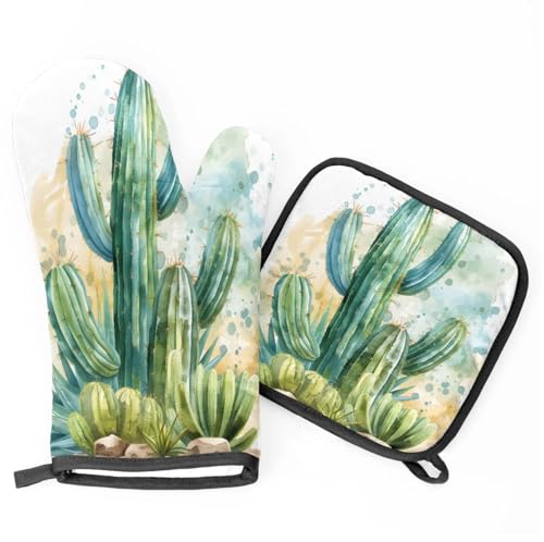 Cactus Watercolor Oven Mitts Kitchen Oven Gloves for Cooking Baking Heat Proof Lining Cotton Kitchen Potholder Mittens Pot Holders Hot Pads for Chef Women Men
