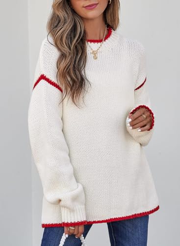 Women's Contrast Trim Tunic Sweater Fall Crew Neck Long Sleeve Chunky Knit Tops Casual Loose Fit Pullover Sweaters3