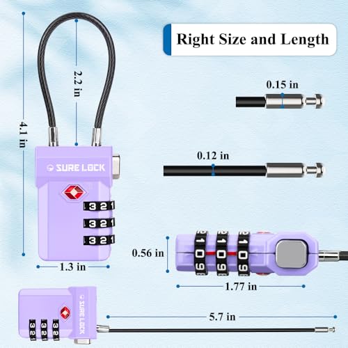 Image of SURE LOCK TSA Approved Luggage Locks with Open Alert Indicator, 3 Digit Combination Cable Travel Lock for Suitcase, Backpack, Gym Locker, Toolbox, Carry On & Travel Bag