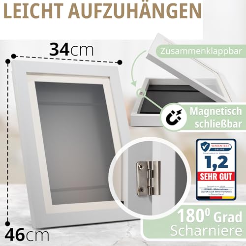 KIYARI Bilderrahmen Kinderzeichnungen A3 Weiß, Aufklappbar & Frontöffnung, für bis zu 150 Zeichnungen, Robustes Holz & bruchsicheres Glas, Ideal für Kunstprojekte, Kinderzimmer & Schule