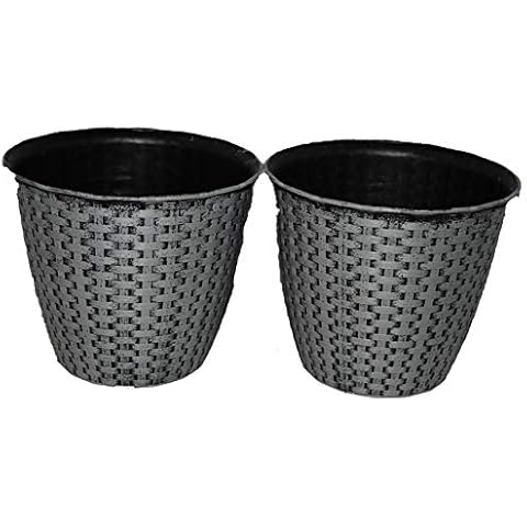 Wicker Flower Pot Woven-Looking Plastic Round, Indoor, Outdoor Planter, Durable Decorative Container 8" Stylish Patio Lightweight 2 Pack for Ferns, Annuals, or House Plants (Harbor Grey) Cover