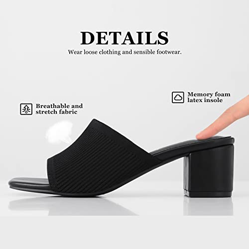 Shoe'n Tale Knit Heeled Sandals For Women Square Open Toe Heeled Mules Chunky Block Low Heel Slip On Slides(7,Black) #TOP1