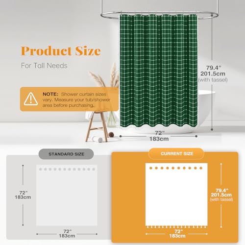 Image of BTTN 78 Inch Long Shower Curtain - Boho Farmhouse Linen Ultra Thick Fabric Shower Curtain Set with Plastic Hooks, Tall Rustic Country Waterproof Shower Curtains for Bathroom - Emerald Green - 72x78