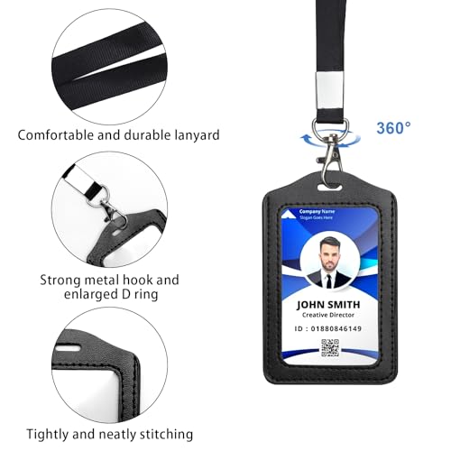TNSLAND 3PCS Ausweishülle mit Band Leder Schwarz, Doppelseitige Fenstern ID Kartenhülle Transparent, Dienstausweis Hülle Lanyard Ausweishalter, Büro, Schule Ausstellung, Schüler Busausweis, Tragbar