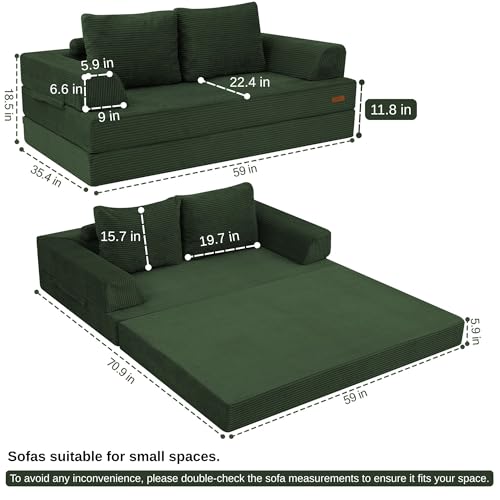 Image of COMAX Futon Sofa Bed, Convertible Folding Sofa Bed, Boneless Couch Loveseat Corduroy with Pillows, Small Foldable Floor Couch Comfy Lounge Sleeper for Living Room Bedroom, Green