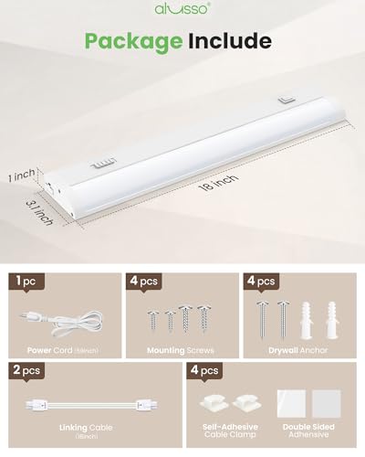 Image of ALUSSO 18 Inch LED Under Cabinet Lighting Plug in 120V, 5CCT Color Selectable 2700K-5000K Dimmable 10W 800LM High Brightness, CRI 90+ Strip Linkable Under Counter Lights for Kitchen Sink, 1 Pack