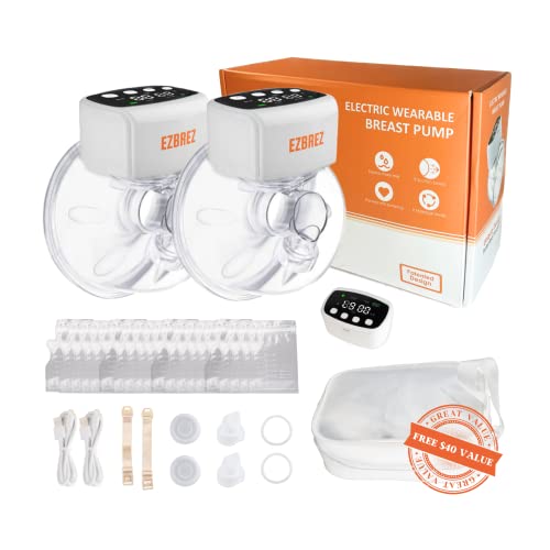 Image of EZBREZ Wearable Hands Free Breast Pump - Portable Electric Breast Pump with Long-Lasting Battery - Includes 20 Breast Milk Bags, Flange Sizing Kit, Carrying Pouch, & Extra Parts - 2 x Breast Pumps
