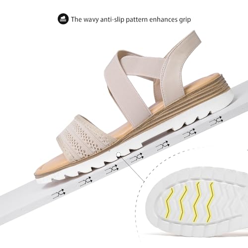 Image of Saidoteto Women's Flat Sandals,Comfortable Elastic Ankle Strap Slingback Slip-On Open Toe Low Wedge Walking Sandals for Summer & Casual