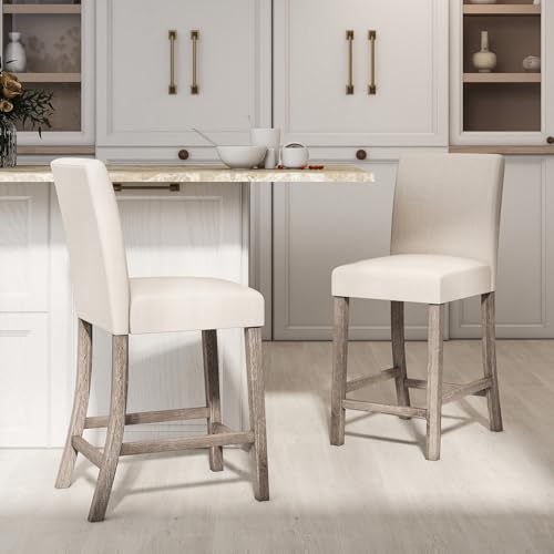 Butacos de Madera para Isla de Cocina, Set de 2, Estilo Mid Century Modern, Asiento Tapizado en Tela de Lino, Patas de Madera de Caucho y Reposapiés, Color Beige miniatura 3