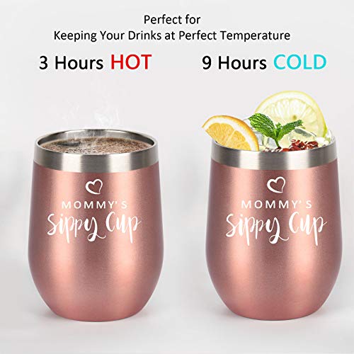 Mommy's Sippy Cup Wine Tumbler With Lid, Mom Birthday Christmas Gifts For Mom New Mom Mother Wife Women Mother's Day Thanksgiving Day, Insulated Stainless Steel Stemless Tumbler (12 Oz, Rose Gold) #TOP2