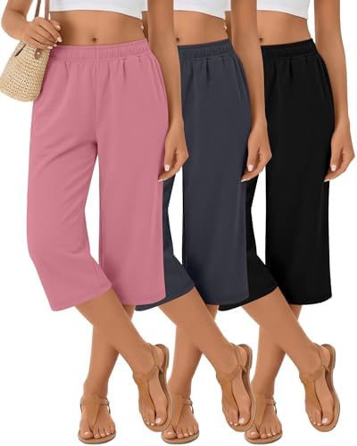 Yearntown 3 Pack Women's Wide Leg Lounge Capri Pants, 3-Color, Large