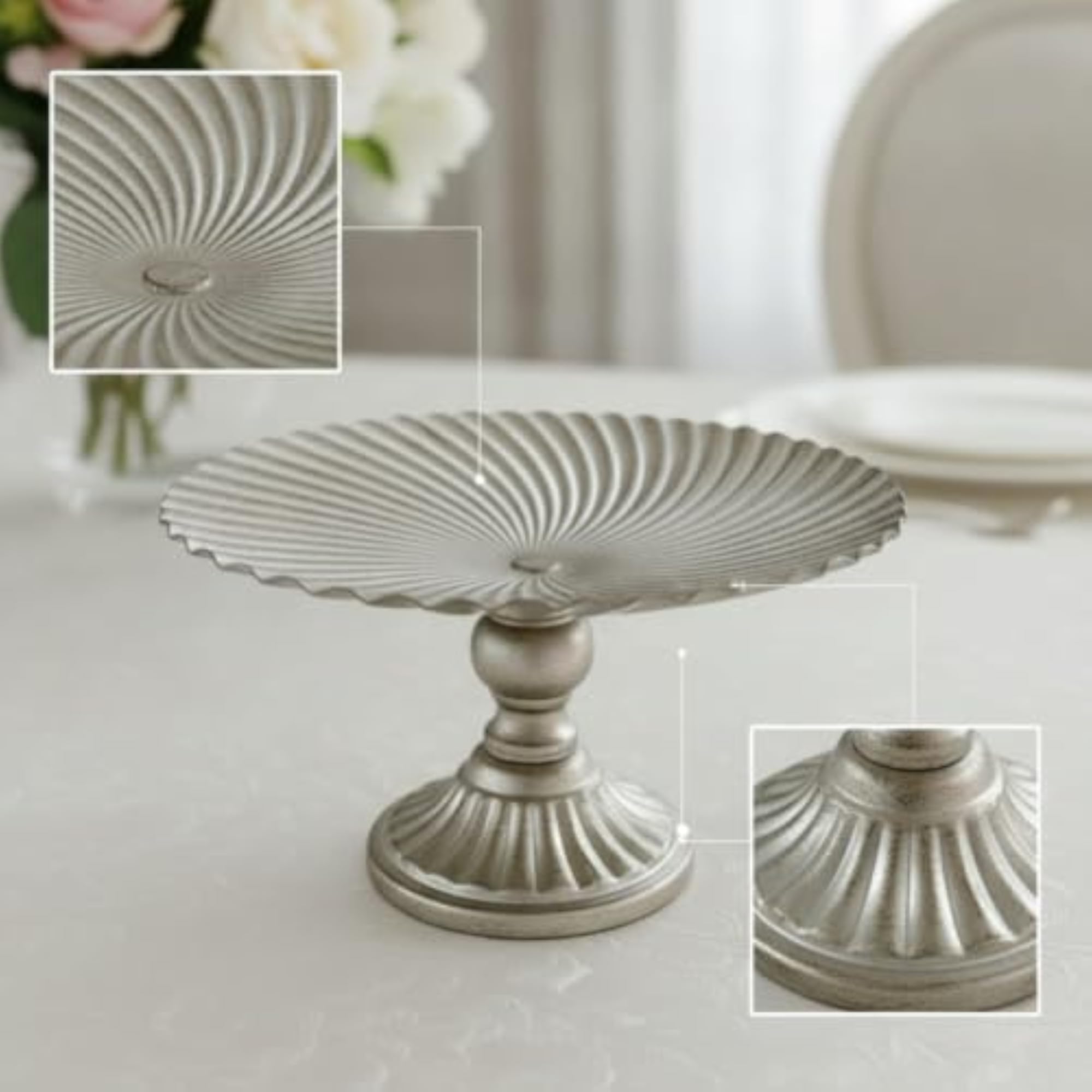 Fluted Metal Pedestal Tray, Textured Elevated Stand
