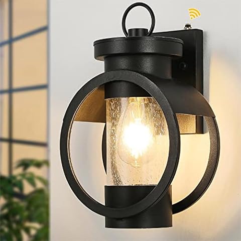 Dusk to Dawn Sensor Industrial Outdoor Wall Sconce Modern Exterior Wall Mounted Light Fixture Waterproof Outdoor Wall Lantern, Matte Black Outside Wall Lamp with Seeded Glass for House, Porch, Garage Cover