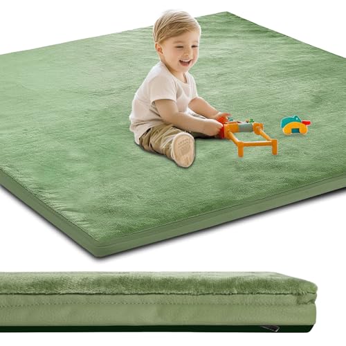 Image of Baby Play Mat for Floor,1.2" Thick Padded Foam 50x50 playpen mat,Soft Velvet&Non-Slip Leather,Removable Cover,Washable,Nursery Rug for Baby Crawling,Toddlers,Infants,Kids,Yoga,Tatami,Sage Green