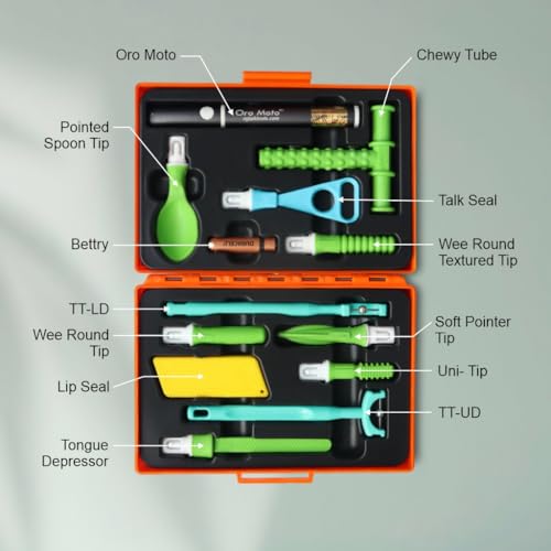 Image of Special Kit - Sensory Integration, Speech & Feeding Therapy Tools | Includes..Oro Moto Vibration brash, Pointer Spoon, Tongue Depressor, Wee Round Tip, Wee Round Textured, Soft Pointer, Uni Tip, Talk-Seal, Tongue Lateralization, Lip Seal, Chewy Tube Green Pack of 1 Kit