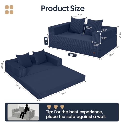 Image of COMAX Futon Sofa Bed, Convertible Sofa Bed, Folding Boneless Couches | Boneless Couch for living room, 4‑in‑1 Fold Out Small Foldable Loveseat Floor Sleeper Mattress Lounge Space‑Saving, Navy