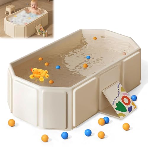 Vlecexs Vasca da Bagno Pieghevole, Vaschetta Portatile per Bambini con 5 Palline, 2 Anatre, Piatto Doccia Portatile con Tappo di Scarico, Vasca da Bagno Integrata per Bambini da 0 a 8 Anni, Beige