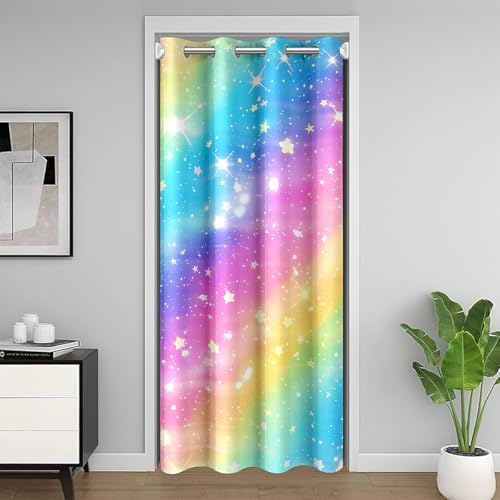 Homemissing Glitter Print（No Glitter Door Curtain for Doorway Privacy Glitter Gradient 30%-50% Room Blackout Curtain 86x203cm 3D Rainbow Star Print Room Divider Curtain Multicolor Window Treatment