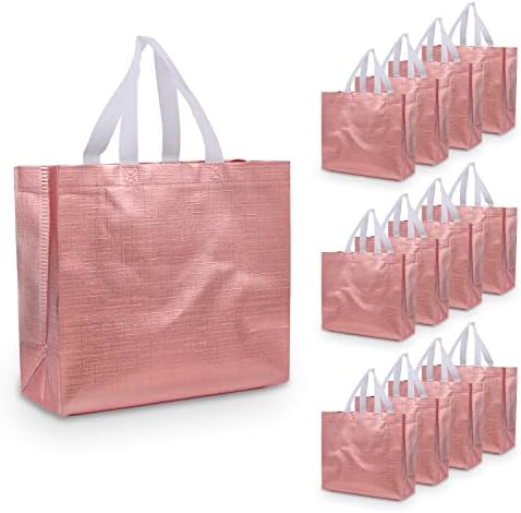 YHJZ 12 Pcs Reusable Gift Bags, Rose Gold Gift Bags Glossy Glitter Reusable Grocery Bag with Handle Non-woven Shopping Bags Tote Bag for Presents Bridesmaid Birthday Party Wedding (Rose Gold)