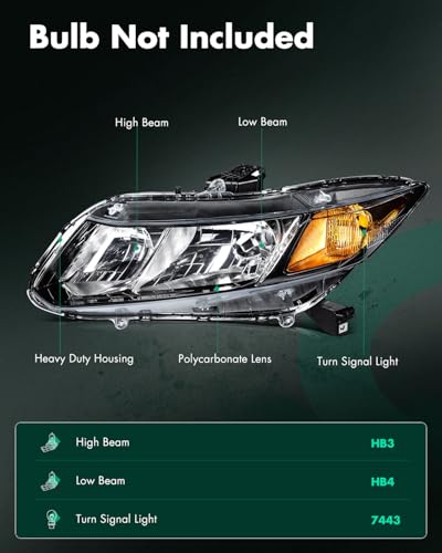 Image of SCITOO Headlight Assembly Fits For 2012-2015 for Honda Civic Headlamp Driver and Passenger Side | Fit 2012-2015 for Honda Civic Headlights | Driver & Passenger Side | Black Housing Amber Reflector| OE#33150TR0A01