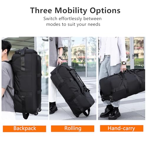 Foldable Duffel Backpack with Wheels.80L Rolling Duffle Bag Luggage Suitcase Outdoor Sports Carry On Garment Bags for Travel Camp (Black)3