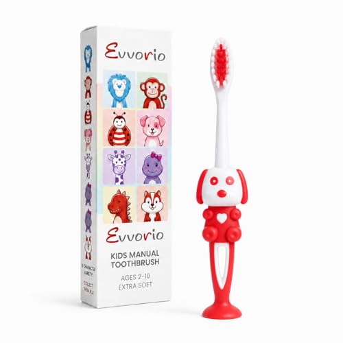 Image of Toothbrush for Kids with Ultra Soft Bristles for Oral Cleaning, Suitable For 2-12 Years Toddlers, Dog Design, Red, Pack of 1