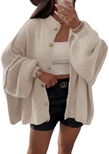 Saodimallsu Strickjacke Damen Kurz Laternenärmel Cardigan Winter | Knopfleiste, Open Front Sweater, Langarm, Lose, Strickmantel, Herbst, Gestrickt, Jacke