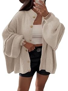 Saodimallsu Strickjacke Damen Kurz Laternenärmel Cardigan Knopfleiste Open Front Sweater Langarm Lose Strickmantel Herbst Winter Gestrickt Jacke Khaki S