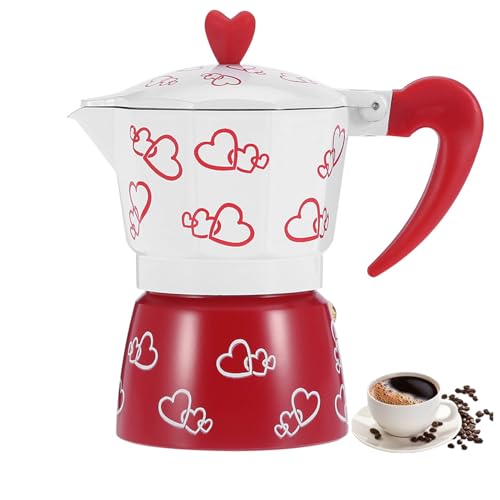 WOHPNLE Cafetera, cafetera de aluminio duradera para café expreso, cafetera con estampado de corazón rojo, estufa de café percolador para oficina en casa (L)