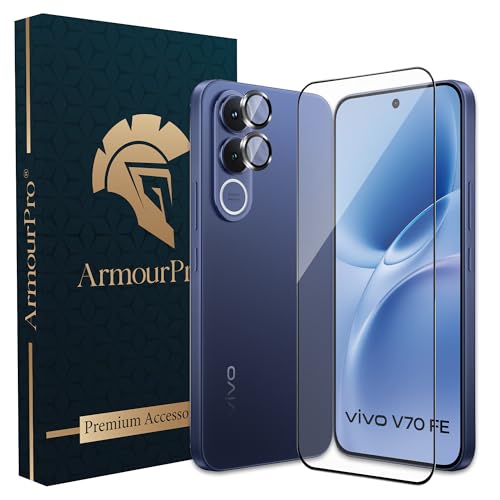 Image of ArmourPro Edge to Edge Tempered Glass for Vivo V70 FE with Black Camera Ring Guard, 9H Screen Protector, Anti-Scratch, Anti-Fingerprint, Bubble-Free Installation Kit